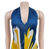 Women's Fashion Low Back Halter Neck Gown Print Maxi Dress