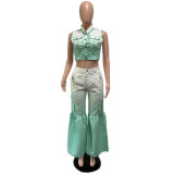 Positioning Print Multi-Pocket Bell Bottom Pants Set