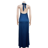 Women's Fashion Low Back Halter Neck Gown Print Maxi Dress