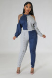 Women's Fall Shoulder Cutout Top Colorblock Metallic Trousers Casual Two Piece Set