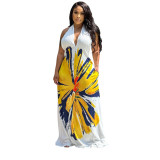 Women's Fashion Low Back Halter Neck Gown Print Maxi Dress