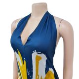Women's Fashion Low Back Halter Neck Gown Print Maxi Dress