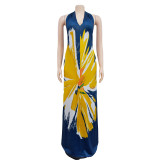 Women's Fashion Low Back Halter Neck Gown Print Maxi Dress