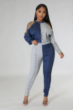 Women's Fall Shoulder Cutout Top Colorblock Metallic Trousers Casual Two Piece Set
