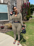 Autumn And Winter Women's Elastic Print Long-Sleeved Two-Piece Pants Set