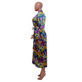 Women Autumn Printed Long Sleeve Pleated Dress