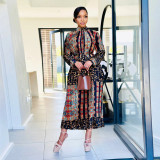 Women Autumn Printed Long Sleeve Pleated Dress