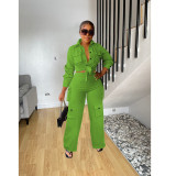 Women Cargo Long Sleeve Top and Wide Leg Pants Solid Two-Piece Set