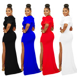 Women's Fashion Solid Color V-Neck Pleated Slit Maxi Dress