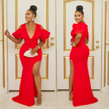 Women's Fashion Solid Color V-Neck Pleated Slit Maxi Dress