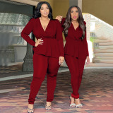 Africa Plus Size Women's Deep V Neck Long Sleeve Pencil Pant Set