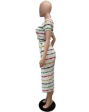 Women's Multi-Color Stripe Knitting Top Slit Skirt Two Piece Set