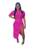 Women's Multi-Color Stripe Knitting Top Slit Skirt Two Piece Set