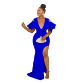 Women's Fashion Solid Color V-Neck Pleated Slit Maxi Dress