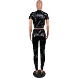 Women Sexy Pu Leather Short Sleeve Top and Pant Two-Piece Set