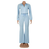 Women Casual Sport Zip Long Sleeve Top and Pant Two-Piece Set
