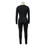 Women Fall Solid Long Sleeve Top and Pant Two-Piece Set