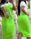 Women Casual Print Short Sleeve Top and Skirt Two-Piece Set