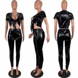 Women Sexy Pu Leather Short Sleeve Top and Pant Two-Piece Set