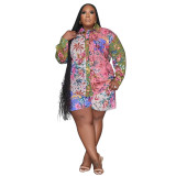 Fall Print Turndown Collar Plus Size Shirt Shorts Casual Ladies two piece set