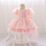 Children's Princess Dress Flower Girl Puff Sleeve Performance Clothing Trailing Dress