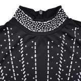 Women's Fashion Solid Color Mesh Beaded Long Sleeve Maxi Dress