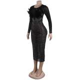 Sexy Feather Beaded See-Through Long Sleeve Patchwork Bodycon Dress