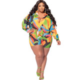 Fall Print Turndown Collar Plus Size Shirt Shorts Casual Ladies two piece set