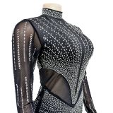 Women's Fashion Solid Color Mesh Beaded Long Sleeve Maxi Dress
