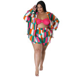 Fall Print Turndown Collar Plus Size Shirt Shorts Casual Ladies two piece set