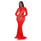 Women's Fashion Solid Color Mesh Beaded Long Sleeve Maxi Dress