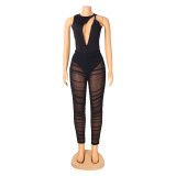 Women's Fashion Sexy Sleeveless Hollow Bodysuit Mesh See-Through ruched pants Ladies two piece set