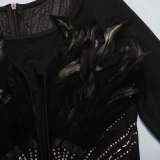 Sexy Feather Beaded See-Through Long Sleeve Patchwork Bodycon Dress
