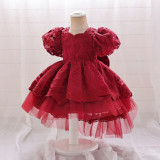 Children's Princess Dress Flower Girl Puff Sleeve Performance Clothing Trailing Dress