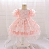 Children's Princess Dress Flower Girl Puff Sleeve Performance Clothing Trailing Dress