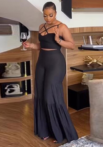 Sexy Slim Fit Solid Color Straps Tank Top Stretch Bell Bottom Pants Two-Piece Set