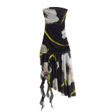 Autumn Fashion Chic Strapless Printed Tulle Midi Dress for Women