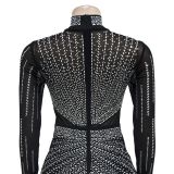 Women's Fashion Solid Color Mesh Beaded Long Sleeve Maxi Dress