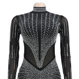 Women's Fashion Solid Color Mesh Beaded Long Sleeve Maxi Dress