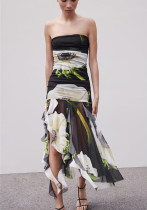 Autumn Fashion Chic Strapless Printed Tulle Midi Dress for Women