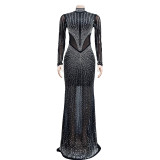 Women's Fashion Solid Color Mesh Beaded Long Sleeve Maxi Dress