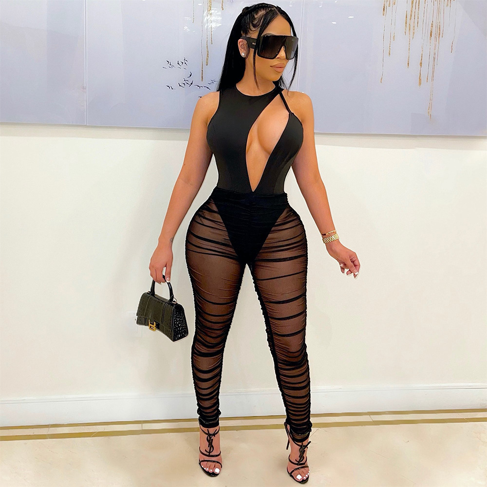 Women's Fashion Sexy Sleeveless Hollow Bodysuit Mesh See-Through ruched pants Ladies two piece set