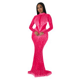 Women's Fashion Solid Color Mesh Beaded Long Sleeve Maxi Dress
