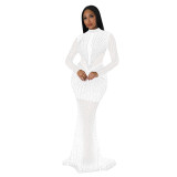 Women's Fashion Solid Color Mesh Beaded Long Sleeve Maxi Dress