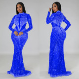 Women's Fashion Solid Color Mesh Beaded Long Sleeve Maxi Dress