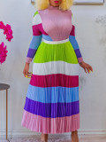 Women Autumn Pleated Print Contrast Color Long-sleeved Top and Skirt Two-Piece Set