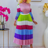 Women Autumn Pleated Print Contrast Color Long-sleeved Top and Skirt Two-Piece Set