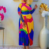 Women Autumn Pleated Print Contrast Color Long-sleeved Top and Skirt Two-Piece Set