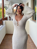 Women V-neck hollow knitting long-sleeved dress
