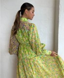 Women Floral Colorblock Balloon Sleeve Long Dress